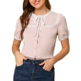 thumbnail image 1 of Allegra K Women's Short Sleeve Button Front Lace Panel Bow Tie Collar Blouse, 1 of 6