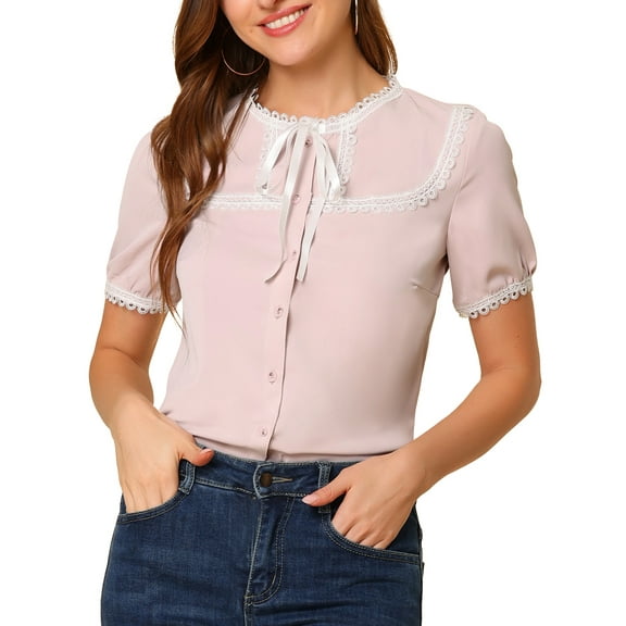 INSPIRE CHIC Women's Short Sleeve Button Front Lace Panel Bow Tie Collar Blouse