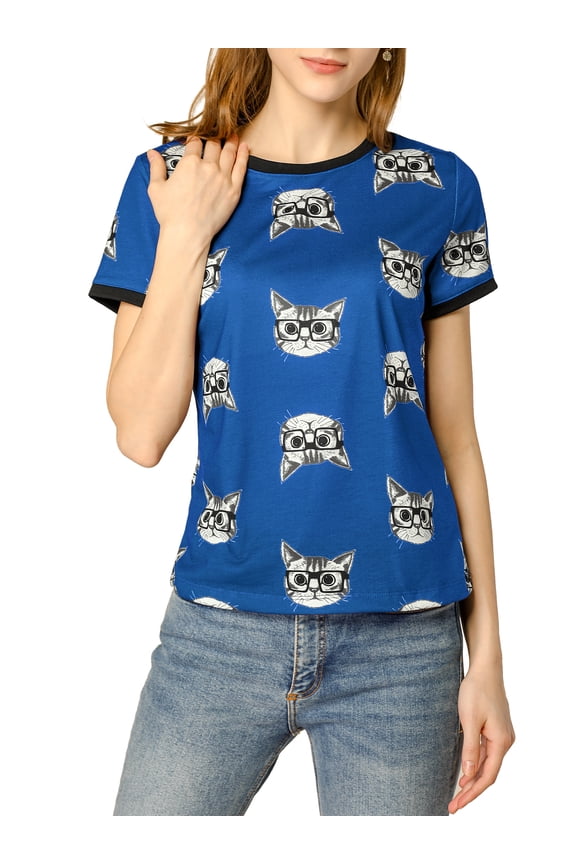 Women's Short Sleeve Contrast Cartoon Cats Pet Print Tee Ringer T-Shirt Tops M Royal Blue