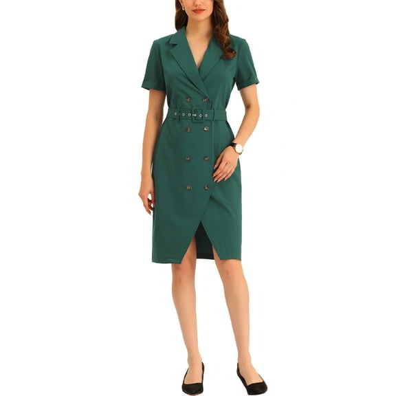 INSPIRE CHIC Women's Short Sleeve Notched Lapel Double Breasted Belted Wear-to-Work Dress Blazer Midi Dresses XS Dark Green