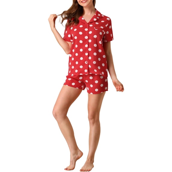 INSPIRE CHIC Women's Short Sleeve Notch Collar Piped Button Down Sleepwear Polka Dots Pajama Sets X-Small Red-1