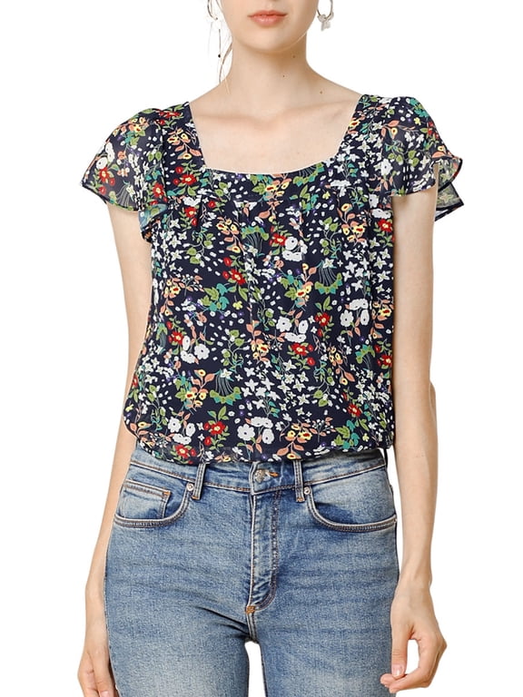 Women's Floral Blouse Summer Casual Square Neck Chiffon Short Sleeve Ruffle Shirts L Navy Blue