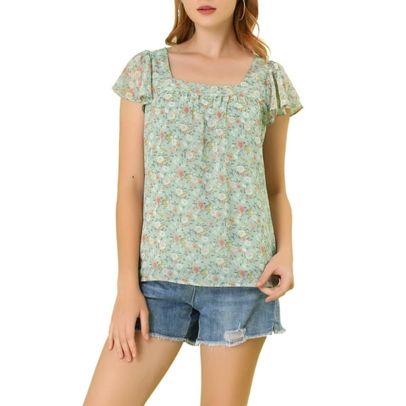 INSPIRE CHIC Valentine's Day Women's Floral Blouse Summer Casual Square Neck Chiffon Short Sleeve Ruffle Shirts S Green