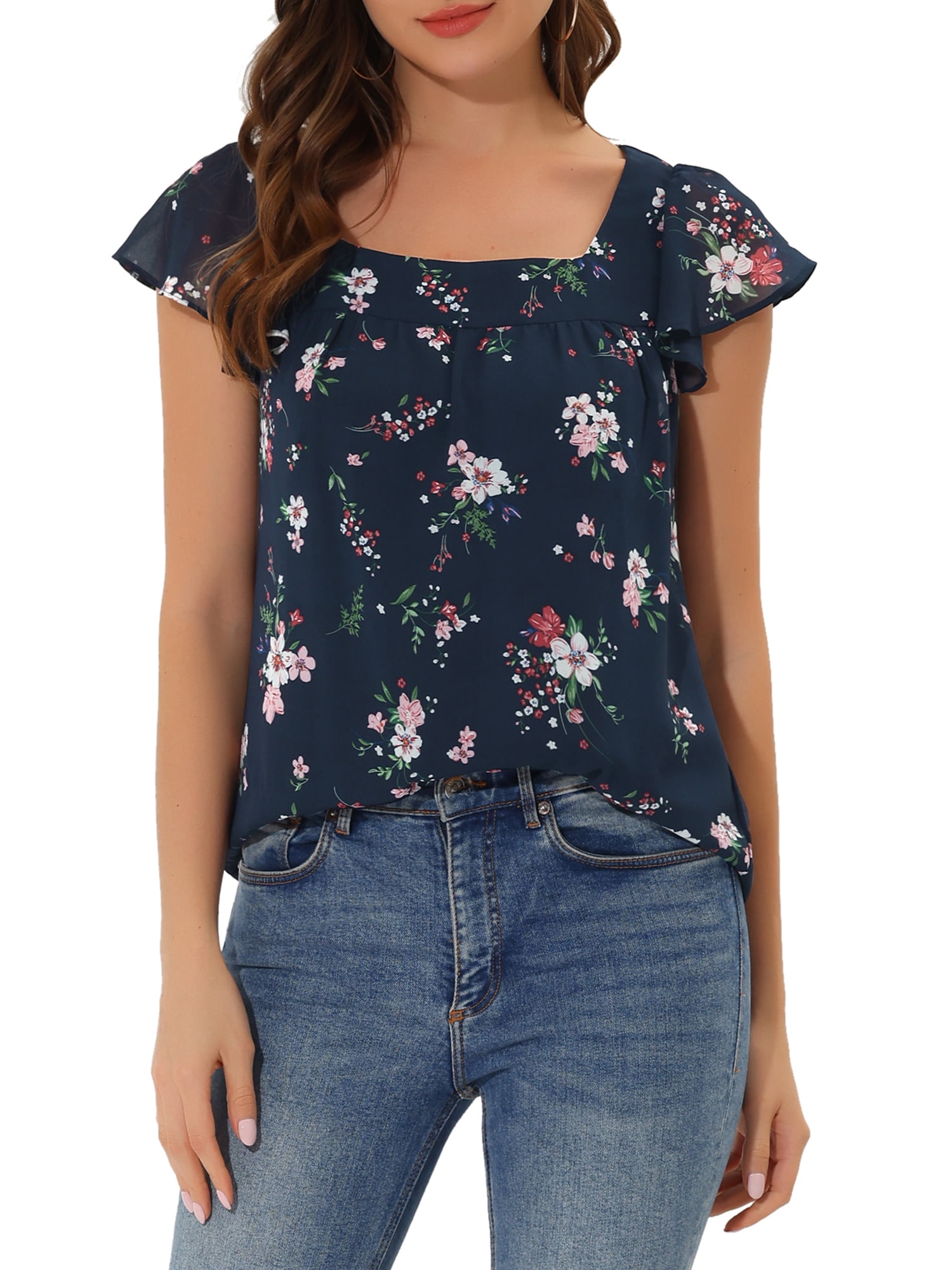 Short-Sleeve Square Neck Floral Bow Blouse