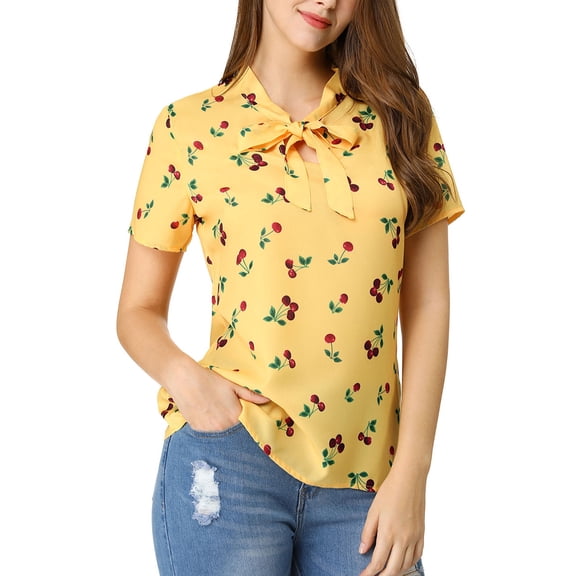 INSPIRE CHIC Women's Short Sleeve Tie Bow Neck Printed Blouse M Yellow-Cherry