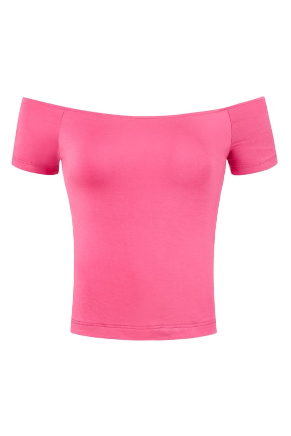 Style Women's Top Short Sleeves Off the Shoulder Hip Length Solid Blouse S Hot Pink