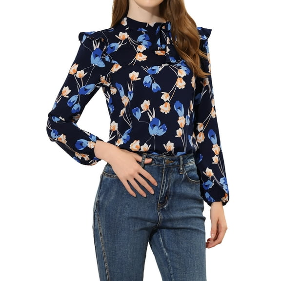 INSPIRE CHIC Women's Side Bow Tie Neck Long Sleeve Floral Ruffled Blouse