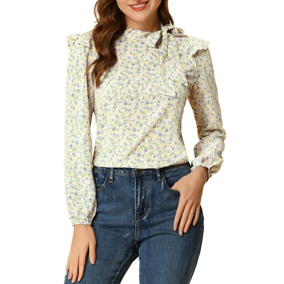 Allegra K Women's Side Bow Tie Neck Long Sleeve Floral Ruffled Blouse