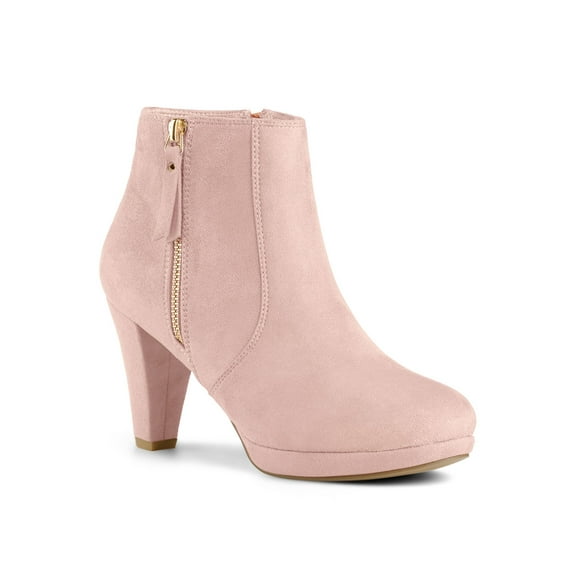 BLISSFUL STEP Women's Side Zip Low Platform Block Heel Ankle Booties Dust Pink 6.5
