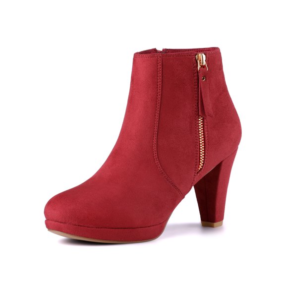 BLISSFUL STEP Women's Side Zip Low Platform Block Heel Ankle Booties Red 8