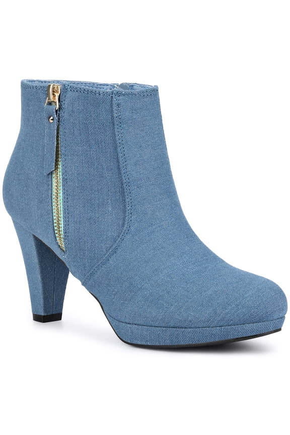 Women's Side Zip Low Platform Block Heel Ankle Booties Denim Blue 6