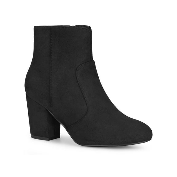 BLISSFUL STEP Women's Faux Suede Chunky Heel Round Toe Side Zip Ankle Boots Black 7