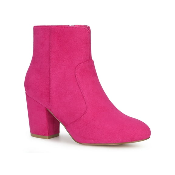 BLISSFUL STEP Women's Faux Suede Chunky Heel Round Toe Side Zip Ankle Boots Hot Pink 7