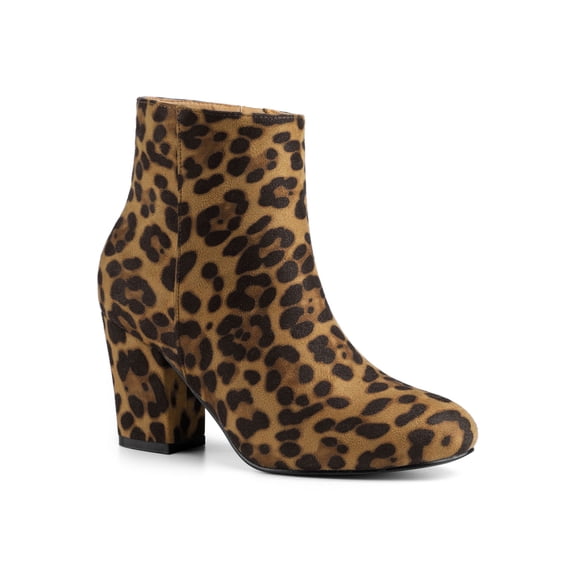BLISSFUL STEP Women's Side Zipper Block Heel Ankle Boots Leopard 5.5