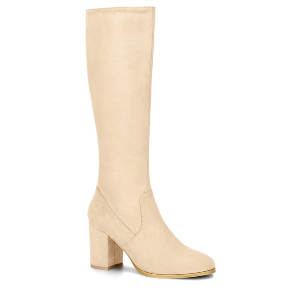 BLISSFUL STEP Women's Knee High Boots Side Zipper Faux Suede Block Chunky Heels Beige 5.5