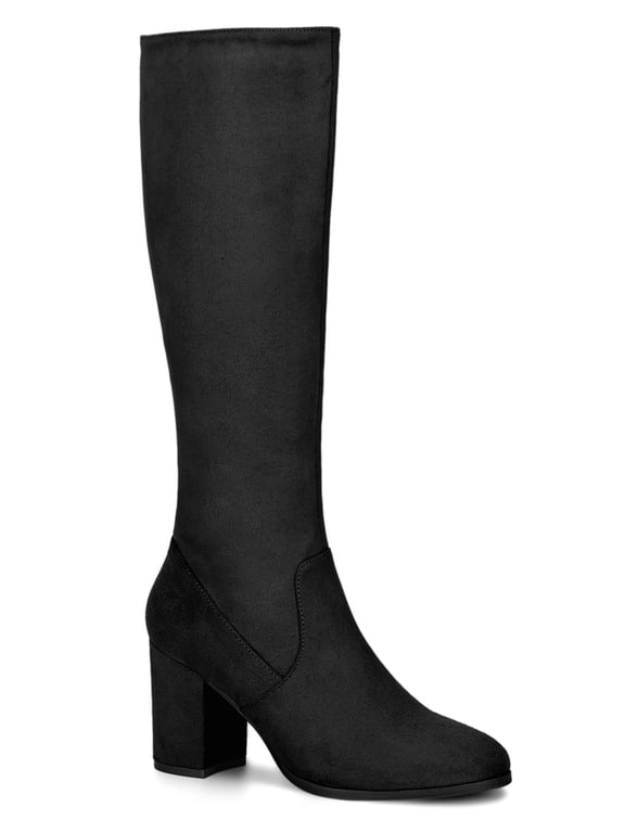 Women's Knee High Boots Side Zipper Faux Suede Block Chunky Heels Black 8