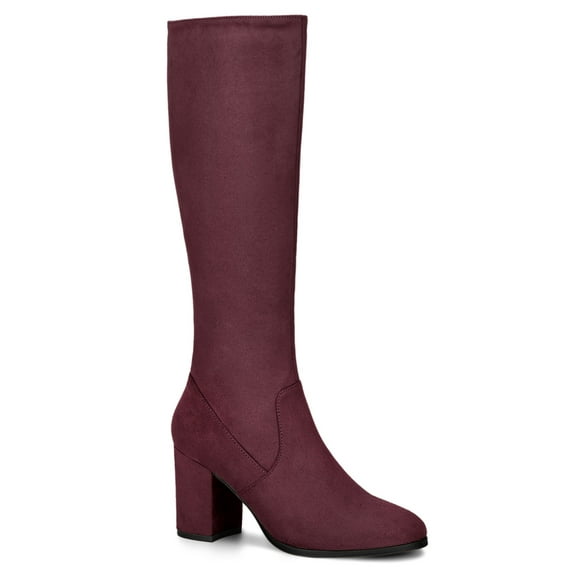 BLISSFUL STEP Valentine's Women's Knee High Boots Side Zipper Faux Suede Block Chunky Heels Burgundy 8.5