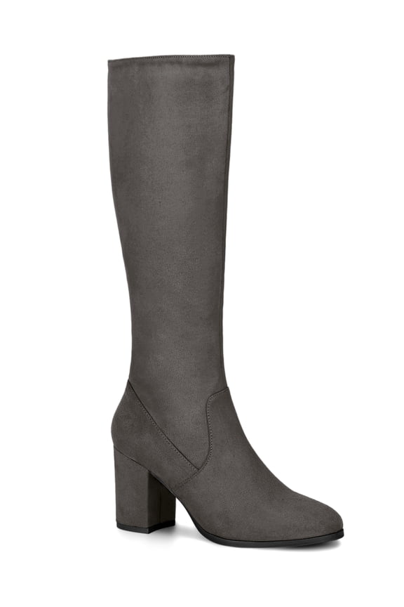 Women's Knee High Boots Side Zipper Faux Suede Block Chunky Heels Gray 8