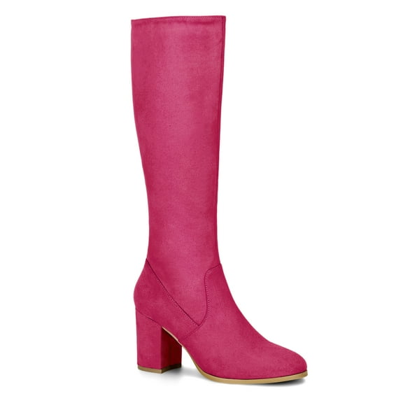 BLISSFUL STEP Women's Knee High Boots Side Zipper Faux Suede Block Chunky Heels Hot Pink 8.5
