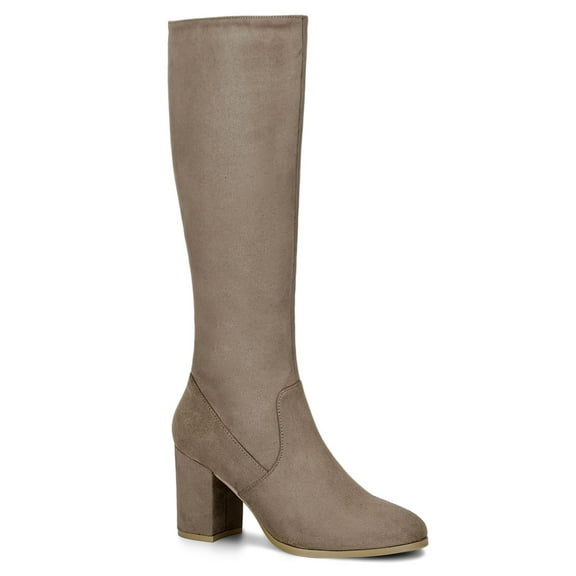 BLISSFUL STEP Valentine's Women's Knee High Boots Side Zipper Faux Suede Block Chunky Heels Taupe 8.5