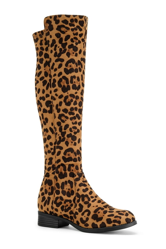 Women's Knee High Boots Chunky Heel Faux Suede Fall Winter Boots Leopard 9
