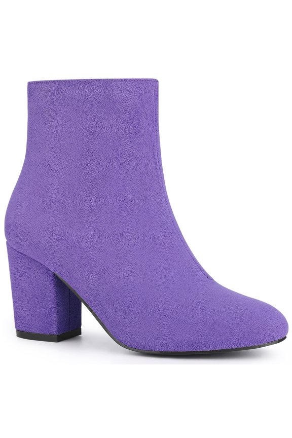 Allegra K Women's Side Zipper Round Toe Block Heel Ankle Boots Purple 5.5
