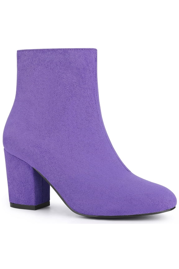 Allegra K Women's Side Zipper Round Toe Block Heel Ankle Boots Purple 6