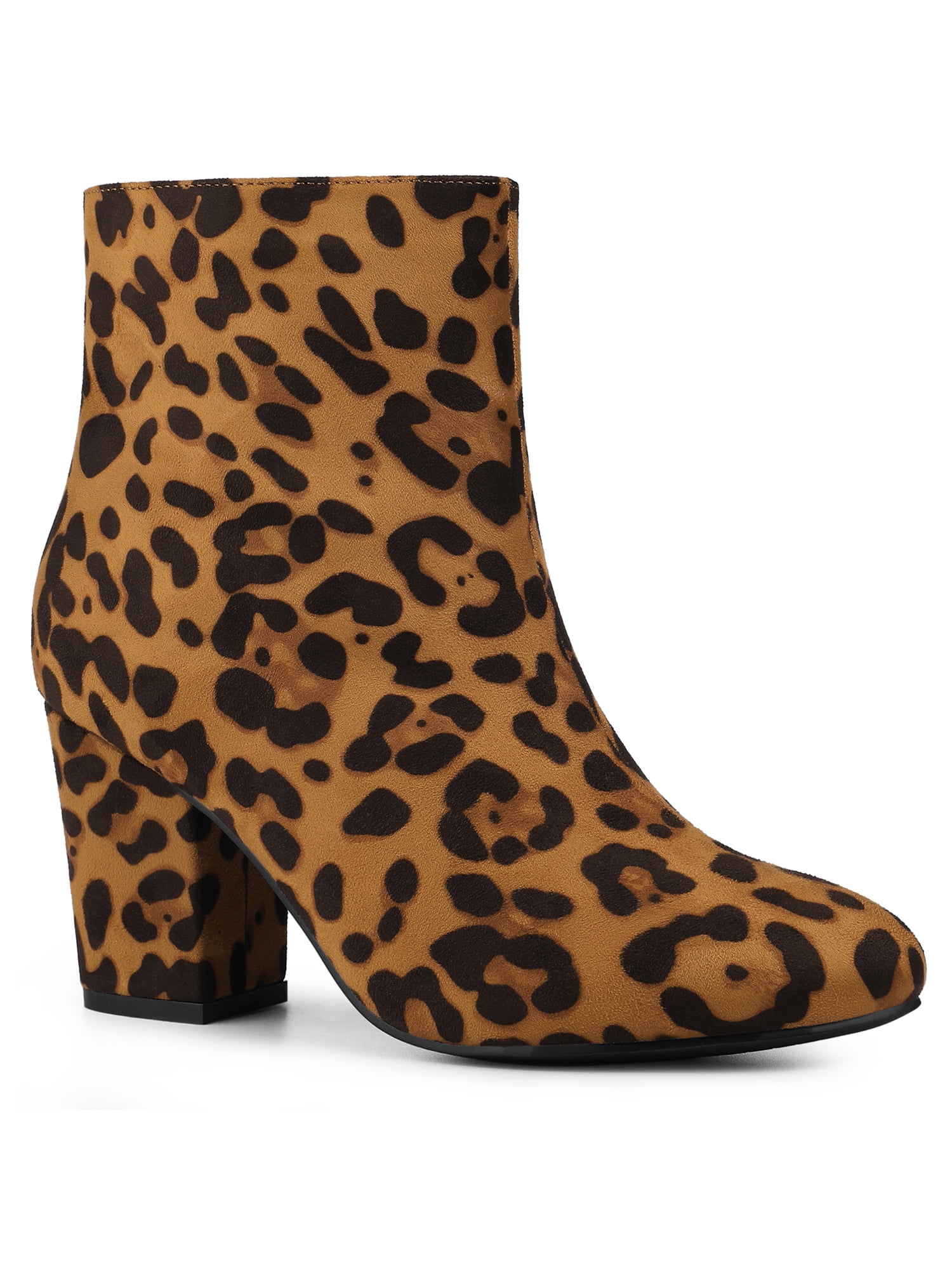 Leopard Round Toe Block Heel Boots