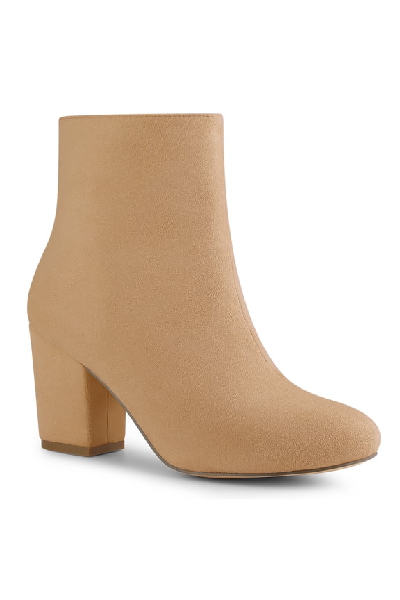 Women's Side Zipper Round Toe Block Heel Ankle Boots Camel 9