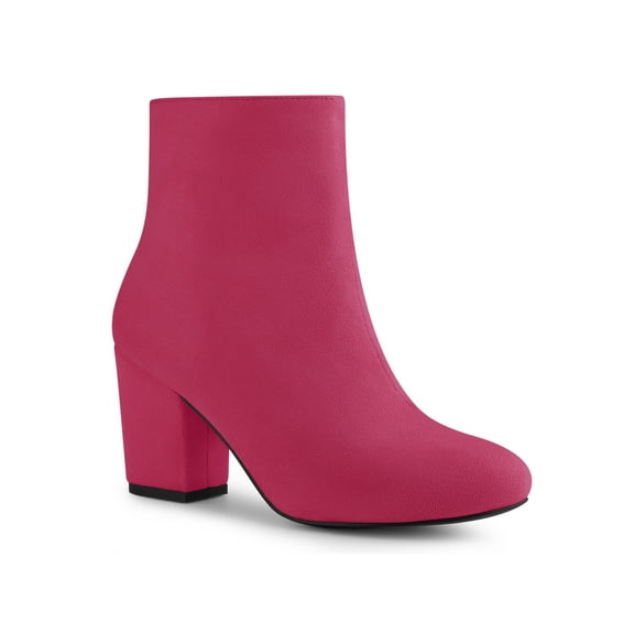 BLISSFUL STEP Women's Side Zipper Round Toe Block Heel Ankle Boots Hot Pink 8