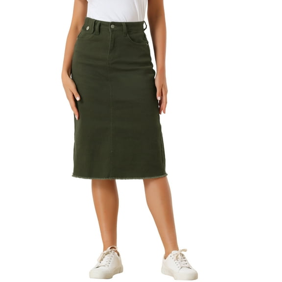 INSPIRE CHIC Women's Denim Skirt High Waist Raw Hem Knee Length Wrap Jean Skirts L Army Green