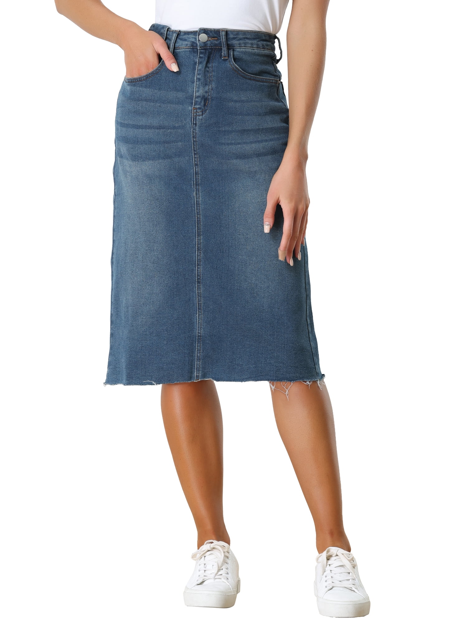 Free Shipping! INSPIRE CHIC Women's High Waist Raw Hem Denim Skirt Knee ...