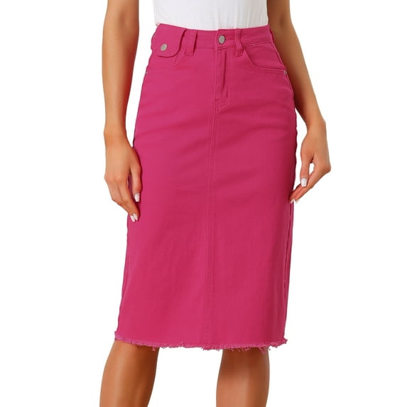 INSPIRE CHIC Women's Denim Skirt High Waist Raw Hem Knee Length Wrap Jean Skirts L Hot Pink