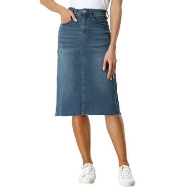INSPIRE CHIC Women's High Waist Raw Hem Knee Length Spring Summer Jean Denim Skirts M Blue