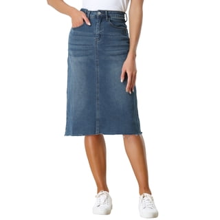 INSPIRE CHIC Women's Jean Skirts High Waist Raw Hem Knee Length Wrap Denim Skirts Blue M