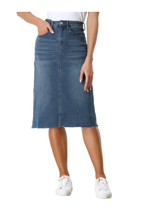 Women's Jean Skirts High Waist Raw Hem Knee Length Wrap Denim Skirts Blue M