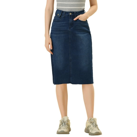 INSPIRE CHIC Women's Denim Skirt High Waist Raw Hem Knee Length Wrap Jean Skirts M Dark Blue
