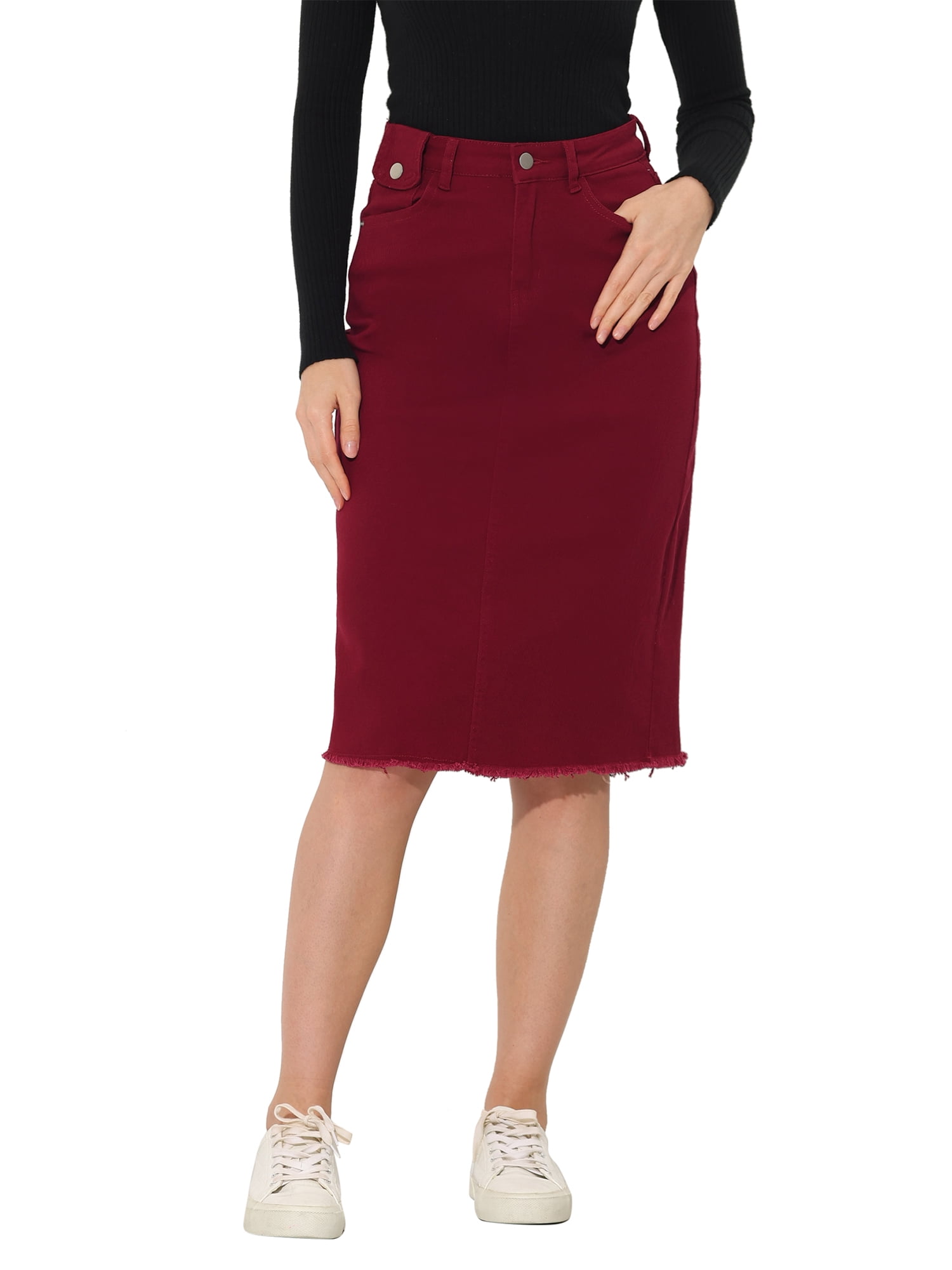 INSPIRE CHIC Women's Denim Skirts High Waist Raw Hem Knee Length Spring ...