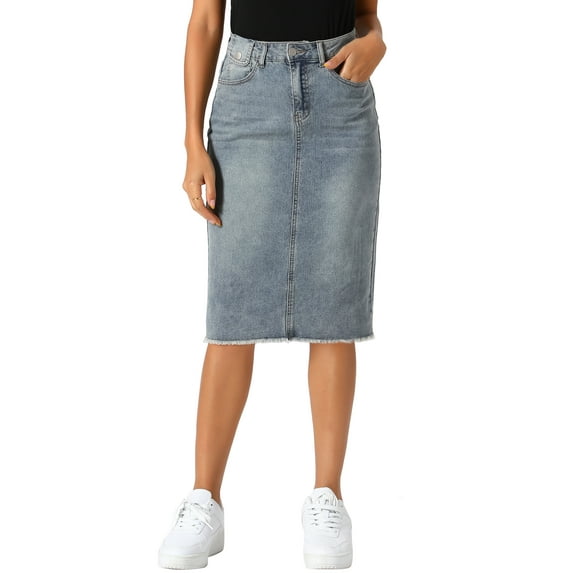 INSPIRE CHIC Women's Denim Skirt High Waist Raw Hem Knee Length Wrap Jean Skirts M Grey Blue