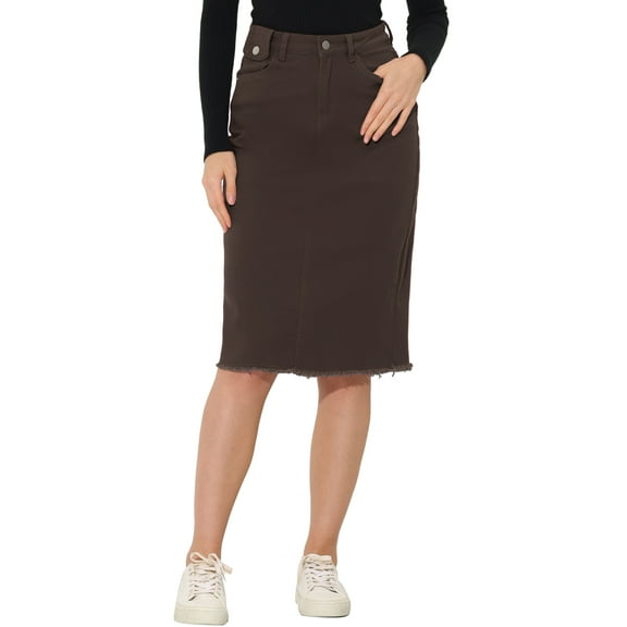 INSPIRE CHIC Women's Denim Skirt High Waist Raw Hem Knee Length Wrap Jean Skirts S Dark Brown