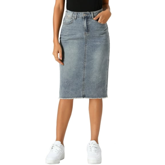 INSPIRE CHIC Women's Denim Skirt High Waist Raw Hem Knee Length Wrap Jean Skirts S Grey Blue
