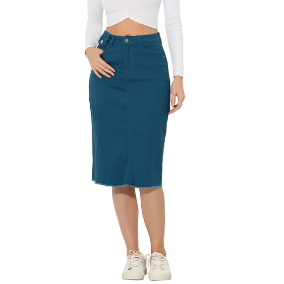 INSPIRE CHIC Women's Jean Skirts High Waist Raw Hem Knee Length Wrap Denim Skirts Peacock Blue XL