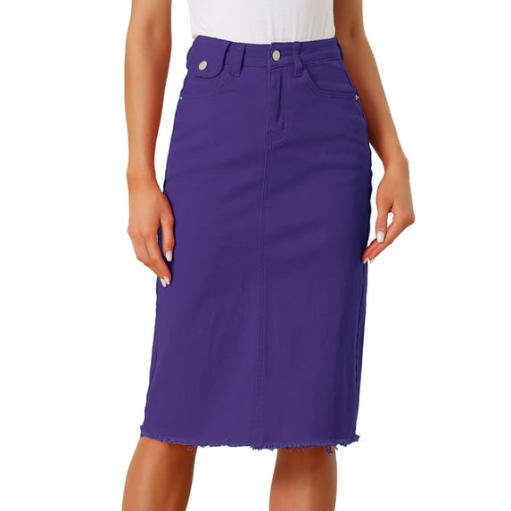 INSPIRE CHIC Women's Denim Skirt High Waist Raw Hem Knee Length Wrap Jean Skirts XL Purple