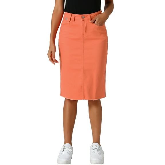 INSPIRE CHIC Women's Denim Skirt High Waist Raw Hem Knee Length Wrap Jean Skirts XL Red Orange
