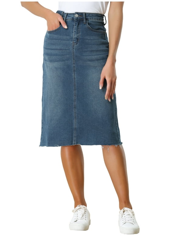 Women's Denim Skirt High Waist Raw Hem Knee Length Wrap Jean Skirts XS Blue