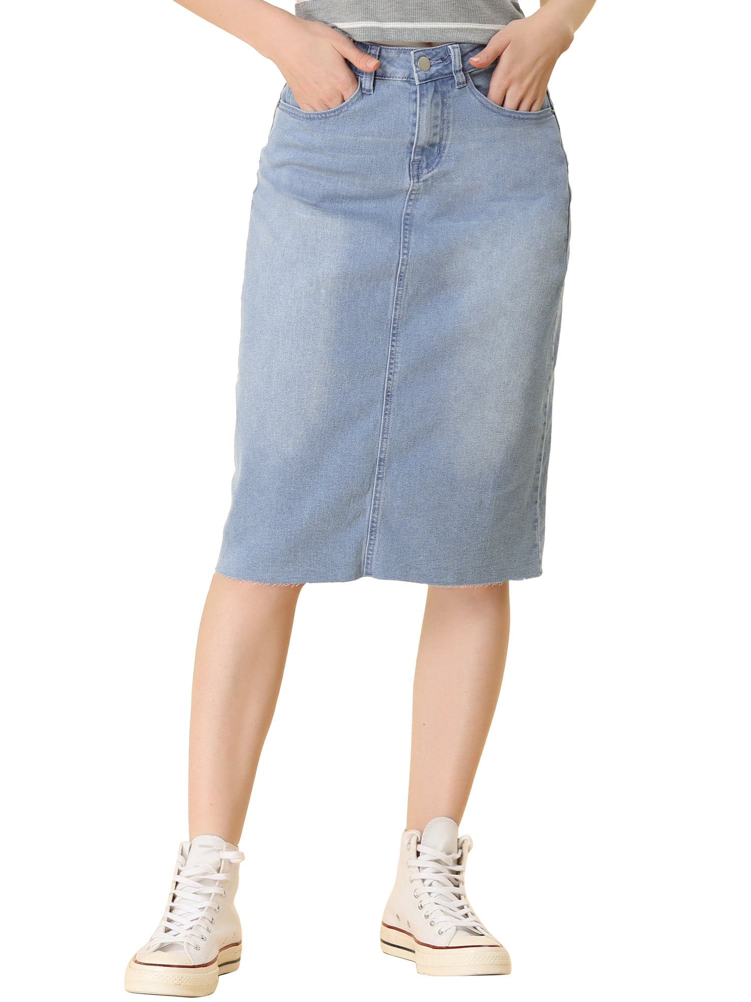 INSPIRE CHIC Women's Denim Skirt High Waist Raw Hem Knee Length Wrap ...