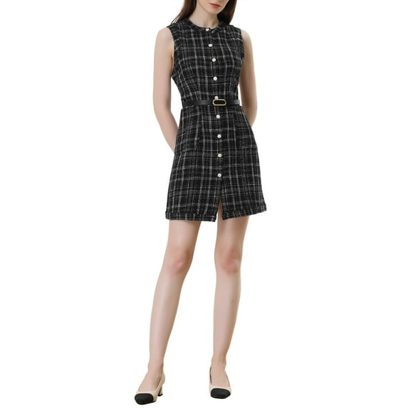INSPIRE CHIC Women's Sleeveless Button Elegant Vintage  A-Line Round Neck Plaid Dress XS Black