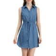 thumbnail image 1 of INSPIRE CHIC Women's Sleeveless Collar Button Down Tie Waist Belt Denim Shirt Dress XL Demin Blue, 1 of 7