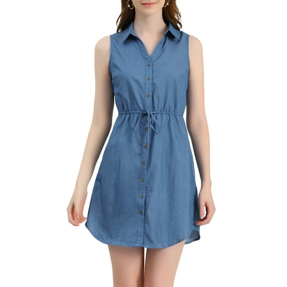 Allegra K Women's Sleeveless Collar Button Down Tie Waist Belt Denim Shirt Dress