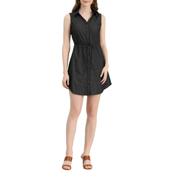 INSPIRE CHIC Women's Sleeveless Collar Button Down Tie Waist Belt Denim Shirt Dress XL Black